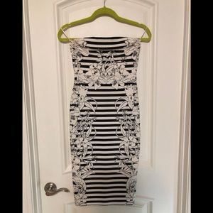 EXPRESS Striped strapless bodycon dress black and white floral